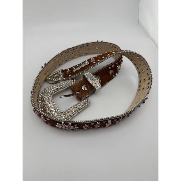 BB Simon Brown Hair on Hide Swarovski Crystal Studded Western Belt Silver Buckle main image 6